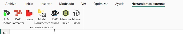 Pestaña Herramientas Externas mostrando DAX Studio, Tabular Editor y otras