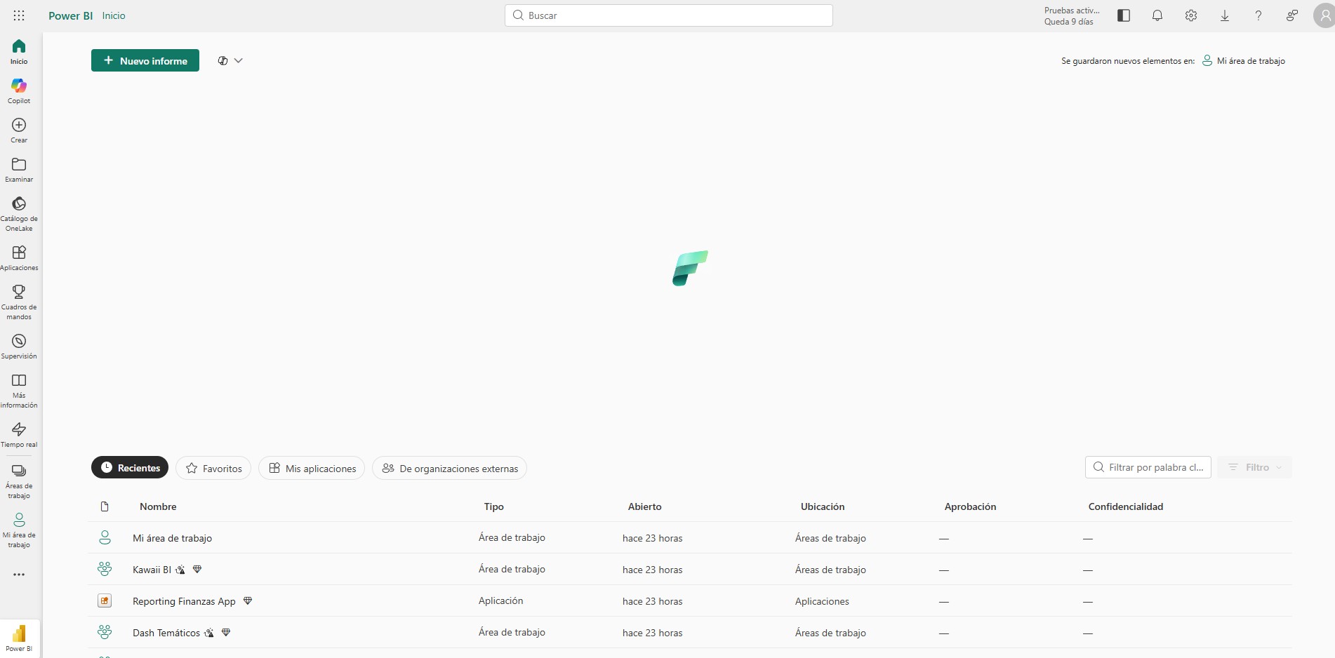 Página de inicio de Power BI Service mostrando el hub de contenido