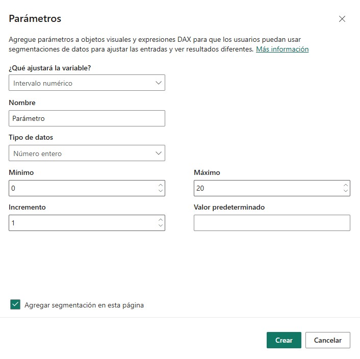 Menú de creación de parámetros numéricos en Power BI Desktop
