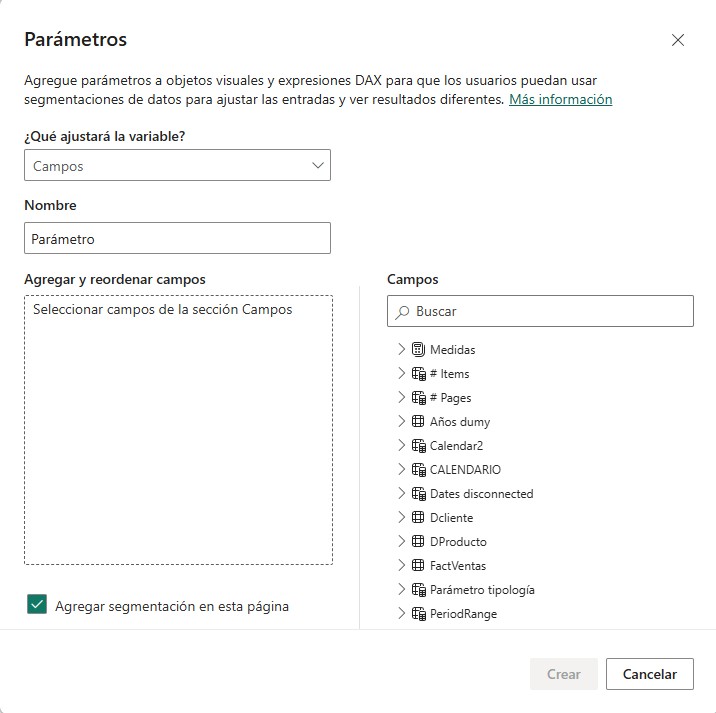 Menú de creación de parámetros de campo en Power BI Desktop