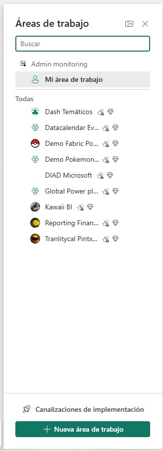 Panel lateral con la lista de áreas de trabajo disponibles