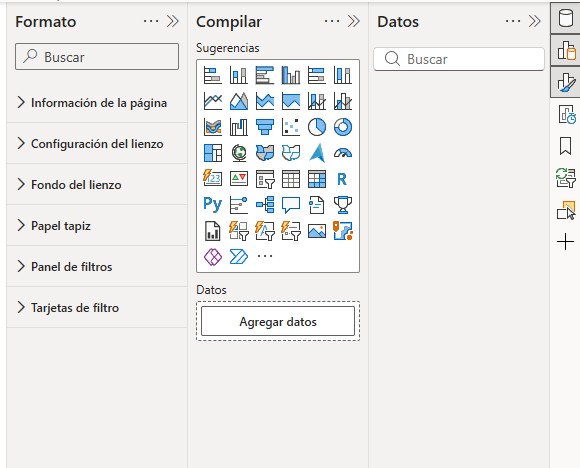Panel lateral derecho de Power BI Desktop con las pestañas Compilar, Formato y Datos