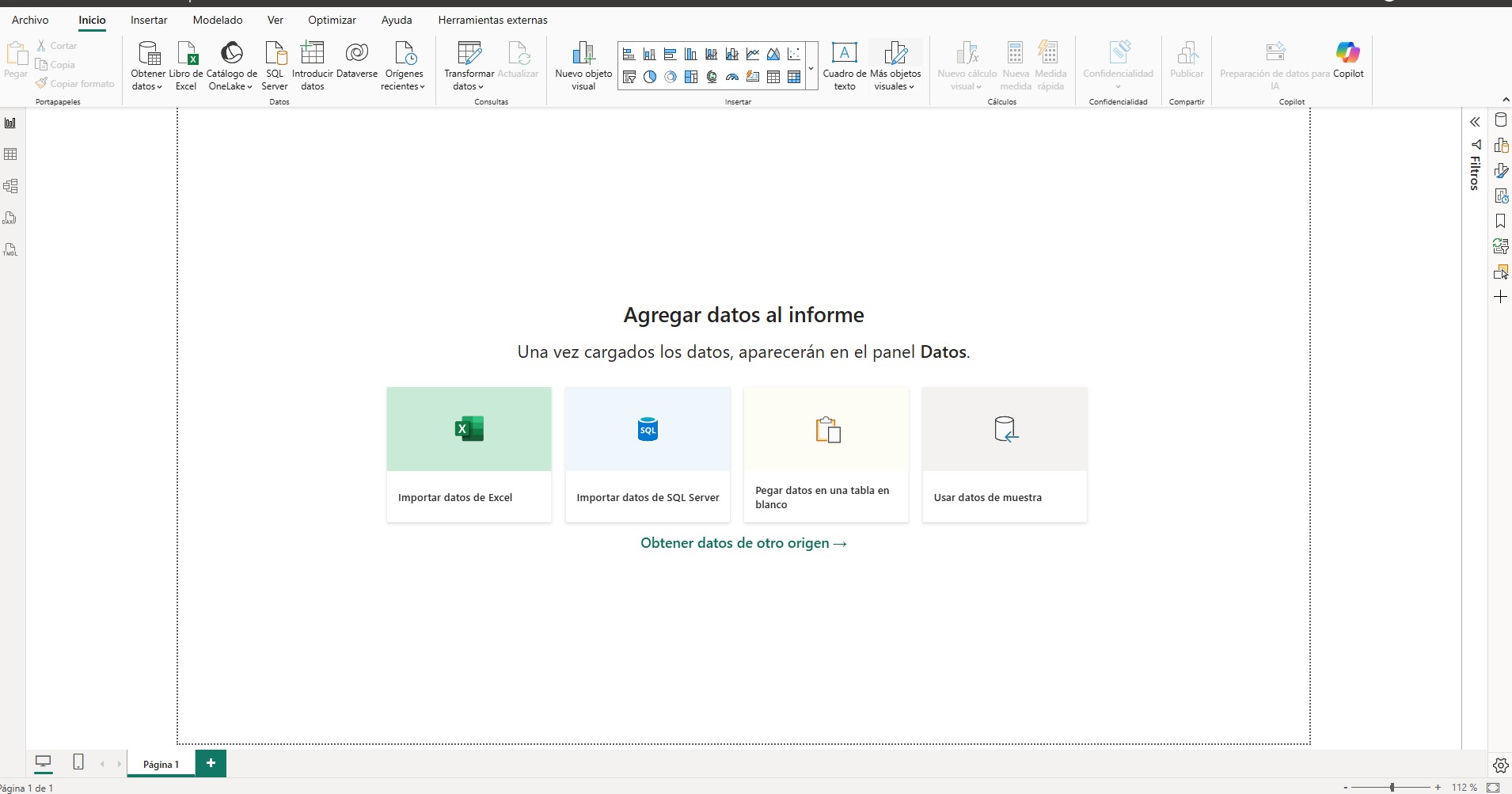 Pantalla de bienvenida de Power BI Desktop al abrirlo