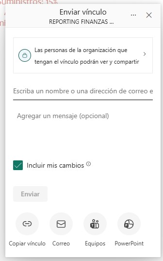 Panel de opciones para compartir un informe en Power BI Service