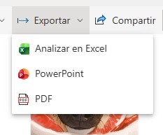 Opciones de exportación disponibles en la barra superior de un informe de Power BI Service