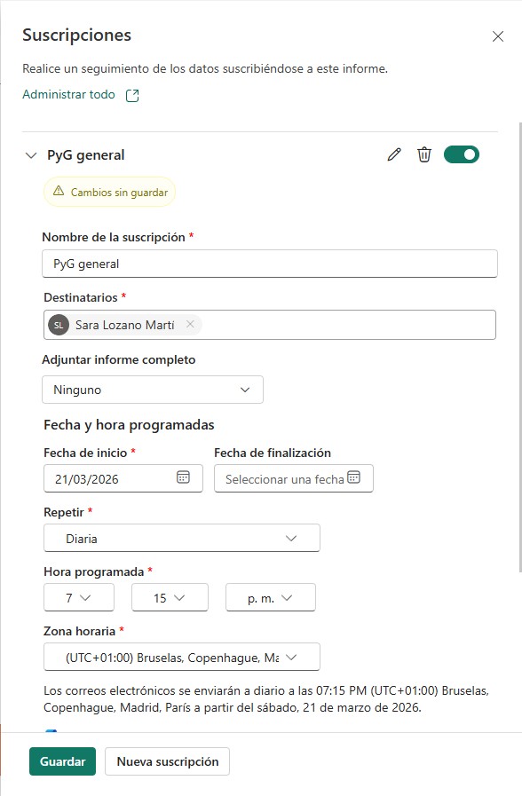 Panel de configuración de suscripciones en Power BI Service