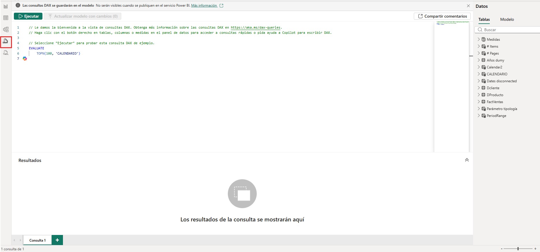 Vista de consultas DAX en Power BI Desktop