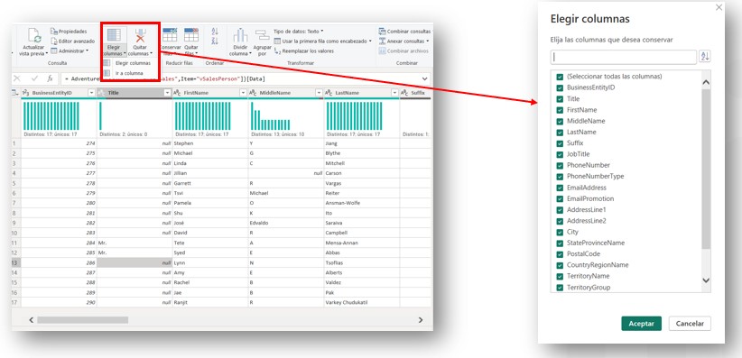 Elegir columnas en Power Query