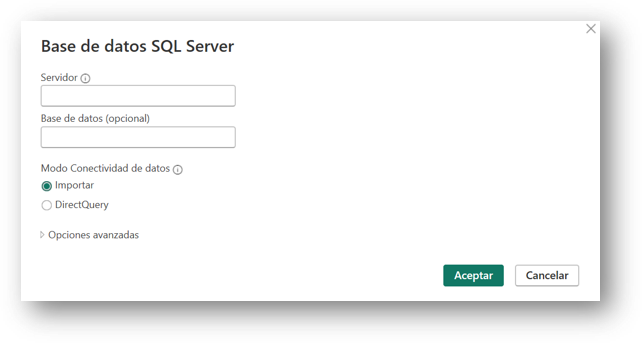 Menú para conectarse a una base de datos