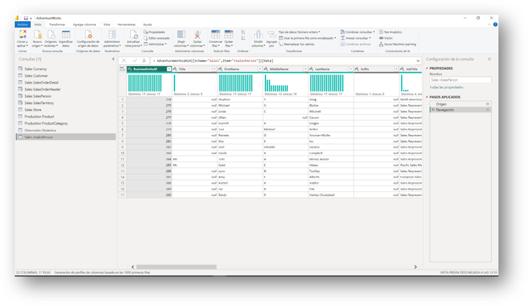 Interfaz principal del Editor de Power Query