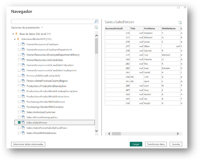 Menú con las tablas disponibles de la base de datos