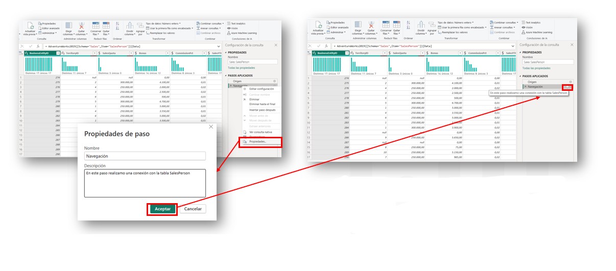 Panel de Pasos Aplicados en Power Query con descripción